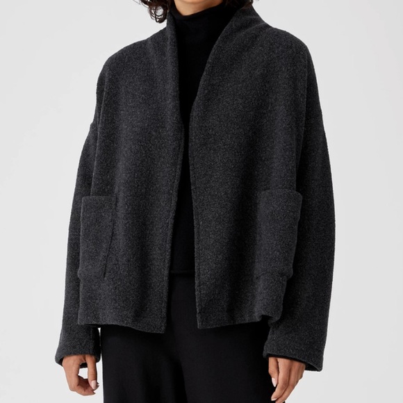 NWOT Charcoal Gray Eileen Fisher Boucle Wool Knit High Collar Jacket Coat - Picture 2 of 11